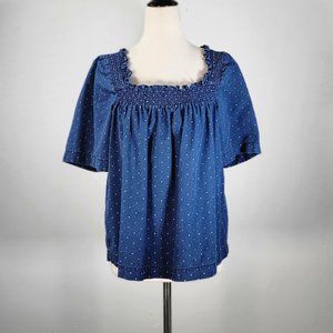 MADEWELL Indigo Square-Neck Smock Top in Rainbow Heart Sz M